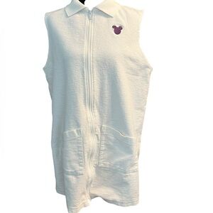 Disney White Terry Cloth Zip-Up Vest with Purple Mickey, Size L women’s